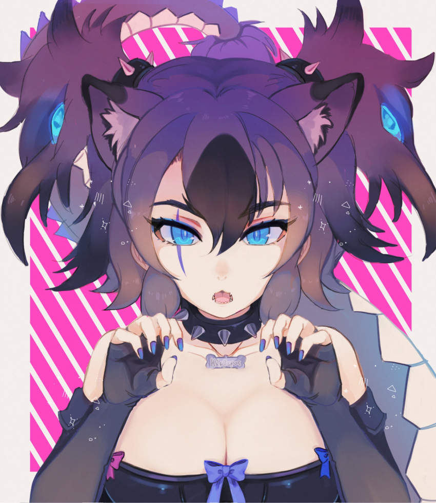 ancolatte_(onikuanco) animal_ears bare_shoulders black_gloves black_hair blue_nails blush breasts cerberus_(kemono_friends) character_name claw_pose cleavage collar collarbone commentary dog_ears elbow_gloves extra_ears eyebrows_visible_through_hair fingerless_gloves gloves greek hair_between_eyes hair_ornament highres kemono_friends large_breasts looking_at_viewer multicolored_hair nail_polish open_mouth purple_hair scar scar_across_eye sharp_teeth solo spiked_collar spikes tail teeth thick_eyebrows twintails two-tone_hair upper_body