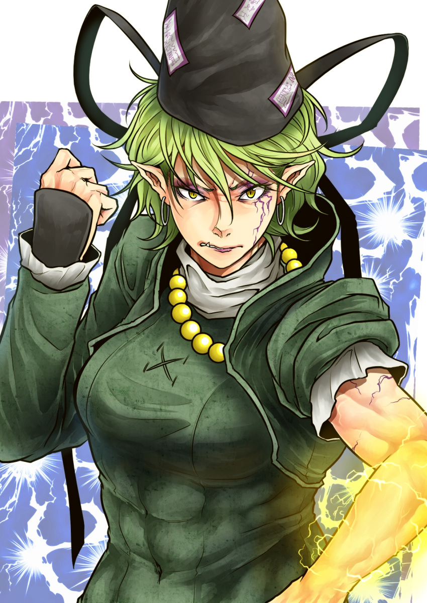 abs bead_necklace beads closed_mouth commentary_request covered_navel dress earrings electricity eyelashes fang fang_out green_dress green_hair hair_between_eyes half-closed_eye hand_up hat highres hoop_earrings japanese_clothes jewelry long_sleeves looking_at_viewer necklace ofuda_on_clothes pointy_ears ryuuichi_(f_dragon) scar short_hair sleeve_rolled_up slit_pupils soga_no_tojiko solo tate_eboshi taut_clothes taut_dress thunder toned touhou turtleneck upper_body v-shaped_eyebrows vest yellow_eyes