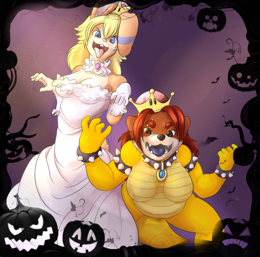 2018 anthro bodysuit boo_(mario) booette bower bowser bowsette_meme bracelet breasts brown_fur cainethelongshot canine choker chow chow_chow cindy cinny cleavage clothed clothing costume crown dog dress duo eyebrow_piercing facial_piercing fangs female female/female fur gloves hair halloween holidays jewelry koopa lagomorph long_hair looking_at_viewer mammal mario_bros necklace nintendo open_mouth photo piercing pomme princess princess_peach rabbit royalty scalie simple_background skinsuit slightly_chubby smile standing super_crown tight_clothing tongue video_games