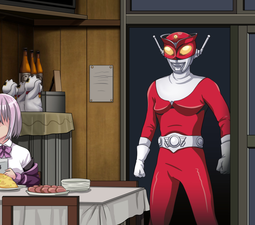 bangs bottle bow bowtie chair collared_shirt commentary_request company_connection crossover food highres indoors jacket lavender_hair maneki-neko off_shoulder out_of_frame plate purple_bow purple_jacket purple_neckwear redman redman_(character) shinjou_akane shirt short_hair sitting ssss.gridman table tk8d32 tsuburaya_productions white_shirt