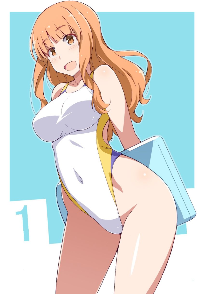 :d arms_behind_back bangs blue_background blunt_bangs breasts commentary competition_swimsuit covered_navel cowboy_shot eyebrows_visible_through_hair girls_und_panzer highleg highleg_swimsuit highres holding kickboard leaning_forward light_blush long_hair looking_at_viewer medium_breasts nakamura_yukitoshi number one-piece_swimsuit open_mouth orange_eyes orange_hair outside_border smile solo standing swimsuit takebe_saori thighs white_swimsuit