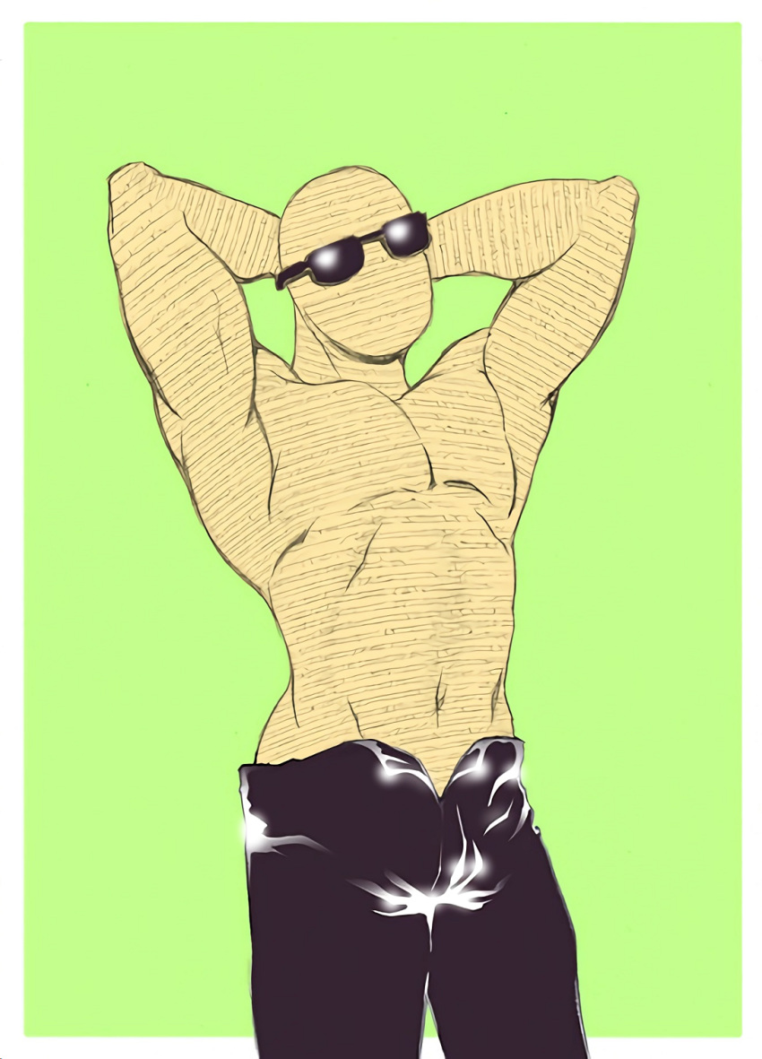 9x9 clothed clothing eyewear hi_res humanoid male muscular not_furry pose solo sunglasses topless