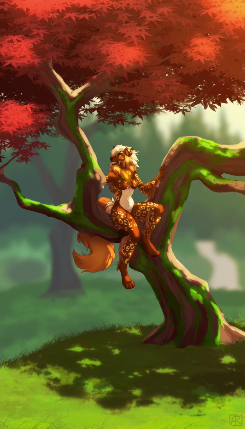 2018 4_toes 5_fingers anthro blurred_background breasts canine detailed_background digital_media_(artwork) digitigrade dog featureless_breasts featureless_crotch female grass mammal nude rayley red_nose sitting smile solo toes tree