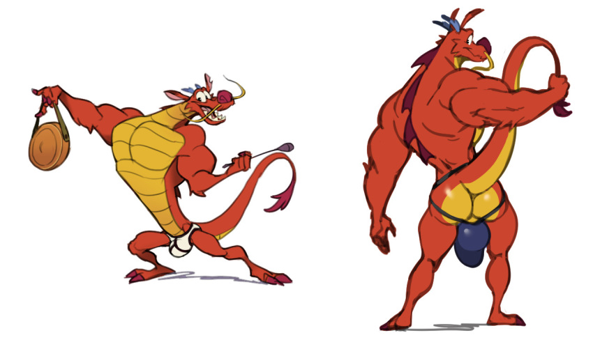 analon_(artist) anthro bulge claws clothed clothing disney dragon eastern_dragon gong horn jockstrap long_ears male mulan_(copyright) mushu penis_outline scalie smile solo topless underwear whiskers