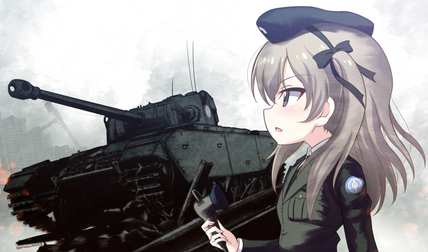 caterpillar_tracks centurion_(tank) commentary_request emblem girls_und_panzer ground_vehicle highres kuroten light_brown_eyes light_brown_hair long_hair military military_vehicle motor_vehicle selection_university_(emblem) selection_university_military_uniform shimada_arisu solo tank