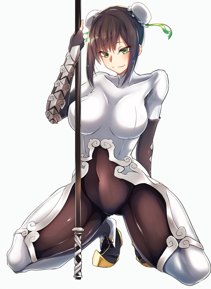 arm_behind_back arm_guards bangs black_gloves black_hair bodysuit breasts bun_cover chinese_clothes covered_navel double_bun eyebrows_visible_through_hair fate/grand_order fate_(series) fingerless_gloves full_body gloves green_eyes highres holding holding_weapon kasoku_souchi kneeling large_breasts polearm qin_liangyu_(fate) sidelocks skin_tight smile solo spear spread_legs squatting thighs weapon white_background