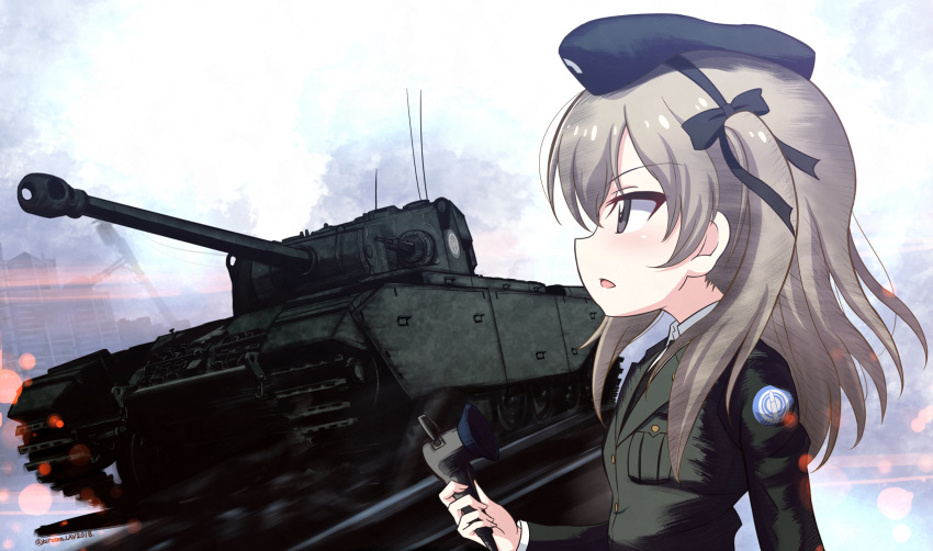 caterpillar_tracks centurion_(tank) commentary_request emblem girls_und_panzer ground_vehicle highres kuroten light_brown_eyes light_brown_hair long_hair military military_vehicle motor_vehicle selection_university_(emblem) selection_university_military_uniform shimada_arisu solo tank