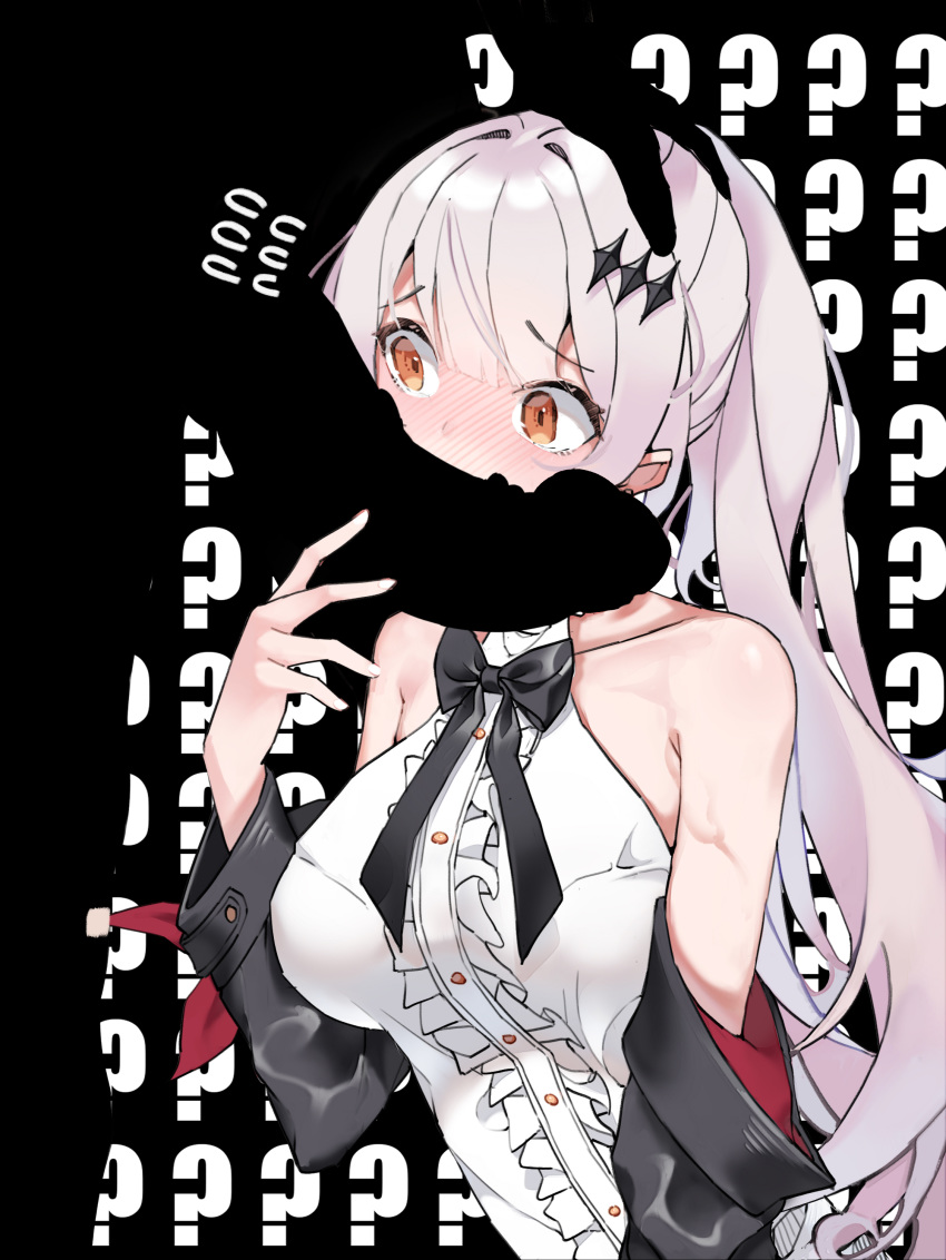 1girl absurdres anparu black_bow blouse bow breasts bunny_hair_ornament commentary_request five-seven_(girls_frontline) girls_frontline hair_ornament hand_on_another's_head highres long_hair medium_breasts penis ponytail silver_hair upper_body white_blouse yellow_eyes