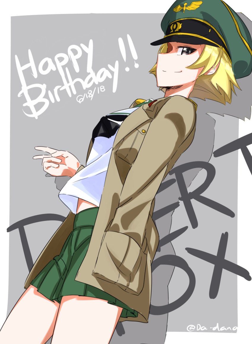 annotated background_text black_bow blonde_hair bow brown_eyes brown_jacket closed_mouth commentary cowboy_shot da-dang dated english erwin_(girls_und_panzer) from_side girls_und_panzer goggles goggles_on_headwear green_hat grey_background happy_birthday hat highres jacket long_sleeves looking_at_viewer military_hat military_jacket ooarai_school_uniform open_clothes open_jacket outline outside_border peaked_cap pointy_hair shadow short_hair smile solo standing twitter_username v white_outline