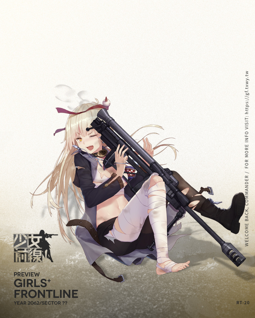 badge bandaged_leg bandages bangs black_legwear black_shorts blonde_hair blush boots breasts character_name choker coat collarbone copyright_name damaged dog_tags earrings eyebrows_visible_through_hair fangs floating_hair full_body girls_frontline gun hair_ornament hair_ribbon hairclip hand_up highres jewelry logo long_hair long_sleeves looking_at_viewer medium_breasts navel official_art one_eye_closed open_clothes open_coat open_mouth ponytail purple_coat ribbon rifle rt-20 rt-20_(girls_frontline) shirt short_shorts shorts sidelocks single_boot single_leg_pantyhose sniper_rifle solo stomach strap tearing_up torn_clothes torn_coat torn_legwear torn_shirt watermark weapon web_address white_shirt xiao_qiang_sang yellow_eyes zipper