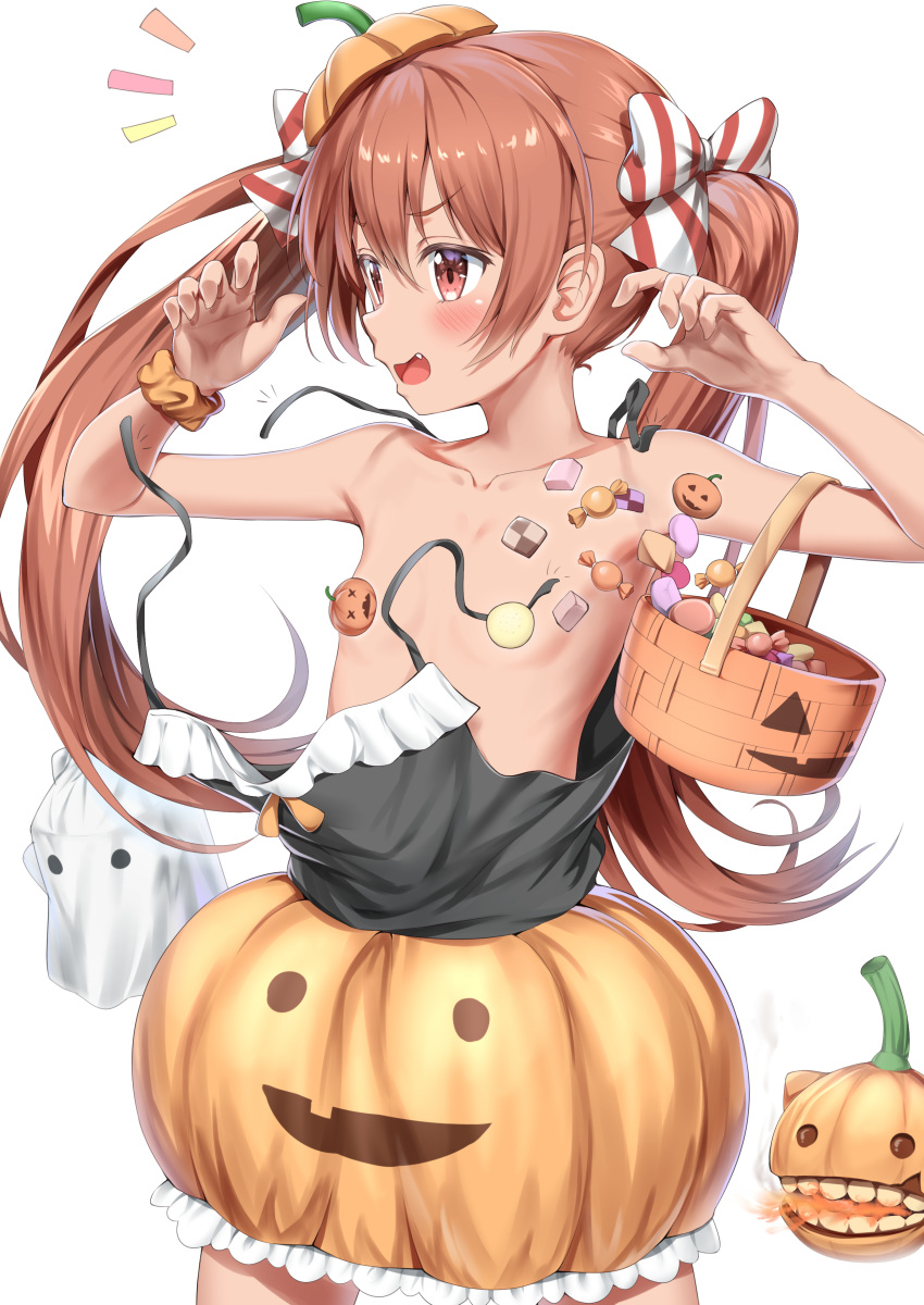 absurdres alternate_costume armpits blush bow brown_eyes brown_hair candy checkerboard_cookie collarbone convenient_censoring cookie fang flat_chest food hair_between_eyes hair_bow halloween halloween_costume hat highres jack-o'-lantern jack-o'-lantern_print kantai_collection libeccio_(kantai_collection) long_hair nedia_(nedia_region) open_mouth orange_hat orange_scrunchie orange_skirt pumpkin_hat pumpkin_skirt scrunchie simple_background skirt smile snack solo striped striped_bow twintails wardrobe_malfunction white_background wrist_scrunchie