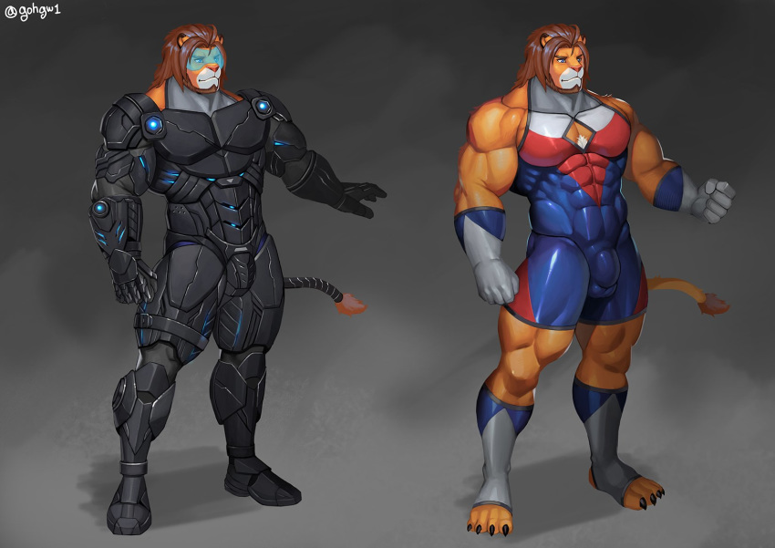 5_fingers anthro armor beard blue_eyes bulge chest_tuft claws clothed clothing facial_hair feline fist front_view fur gloves gohgw1 legwear lion machine male mammal muscular muscular_male plantigrade power_armor socks solo standing tail_tuft tight_clothing toeless_socks tuft wrestling_singlet