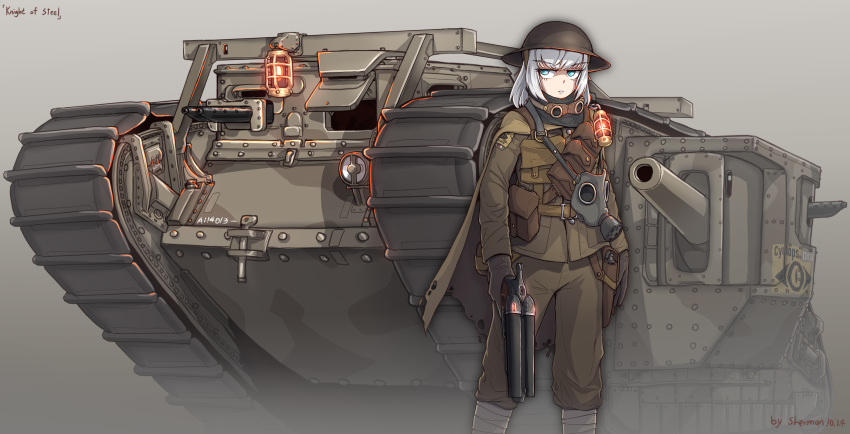absurdres caterpillar_tracks commentary_request double_barrels green_eyes grey_background ground_vehicle gun hat highres mark_iv_tank military military_vehicle motor_vehicle original sherman_(egnk2525) short_hair shotgun simple_background solo steampunk tank weapon white_hair