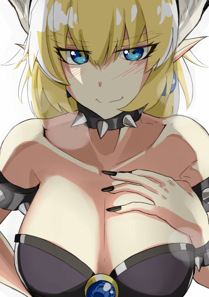 absurdres bangs black_dress blonde_hair blue_earrings bowsette bracelet breasts brooch cleavage closed_mouth collar collarbone commentary da-dang dress earrings eyebrows_visible_through_hair fingernails hand_on_own_chest highres horns jewelry large_breasts long_hair looking_at_viewer mario_(series) new_super_mario_bros._u_deluxe pointy_ears romaji_commentary sharp_fingernails simple_background smile solo spiked_armlet spiked_bracelet spiked_collar spikes strapless strapless_dress upper_body white_background