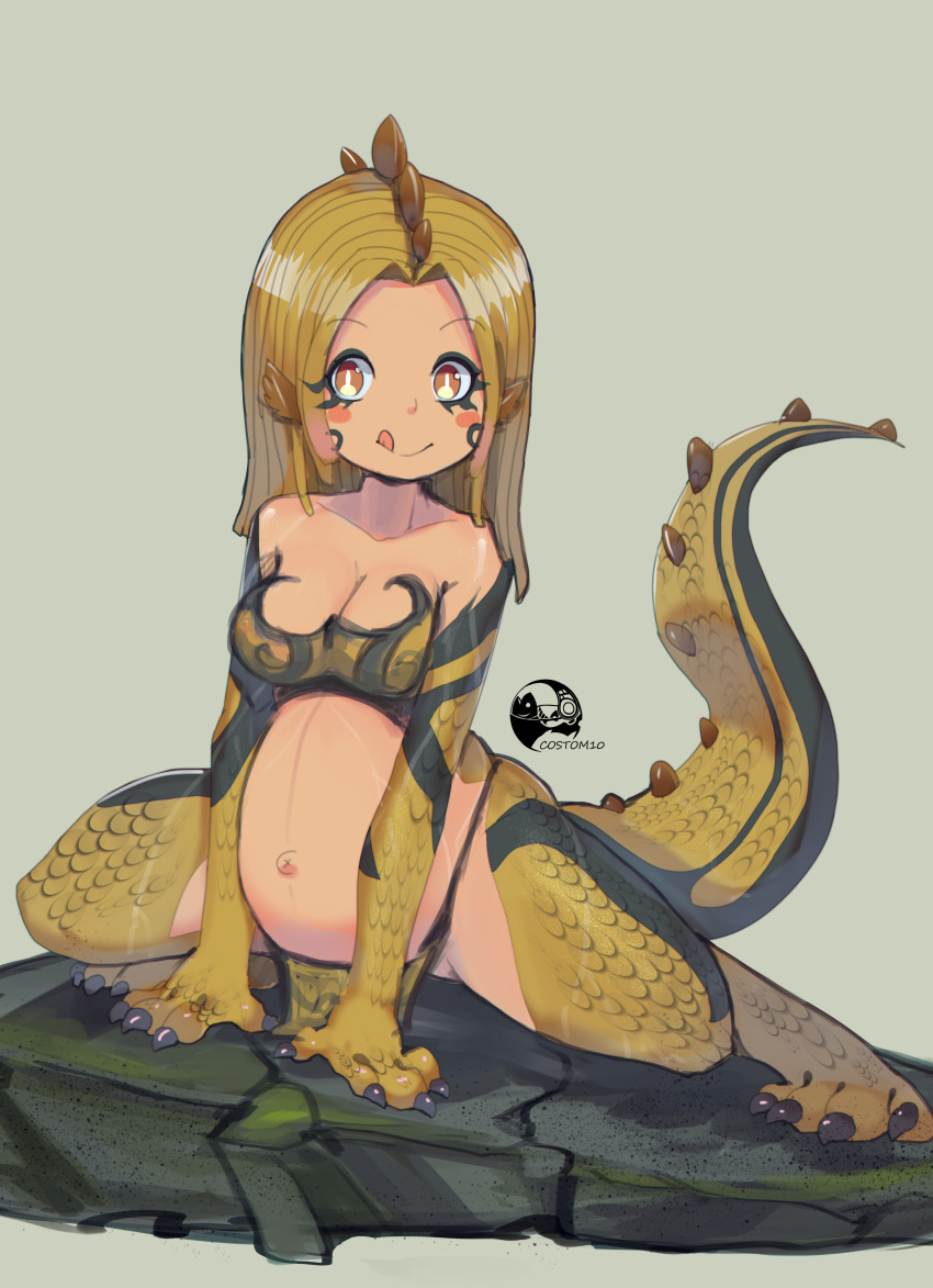 1girl :p absurdres belly blonde_hair costom10 female great_jagras highres monster_girl monster_hunter monster_hunter:_world navel outie_navel personification smile solo tongue tongue_out