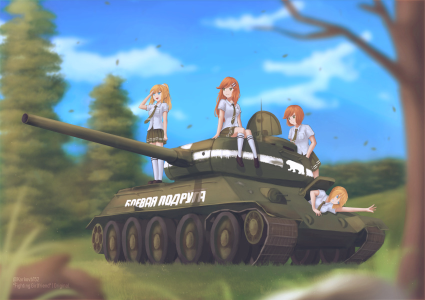 blonde_hair blue_eyes breasts brown_hair caterpillar_tracks cloud commentary day green_eyes ground_vehicle highres kmrd-fanddi long_hair military military_vehicle motor_vehicle mountain multiple_girls necktie original school_uniform short_hair skirt sky smile t-34-85 tank tree world_war_ii