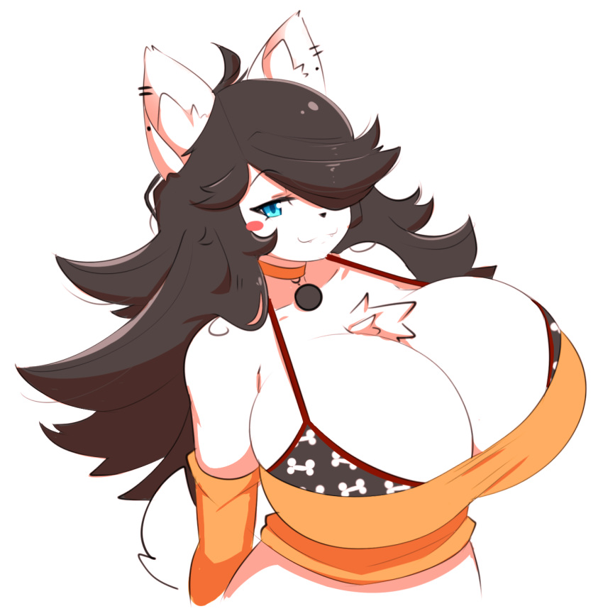2018 anthro big_breasts black_hair blue_eyes blush_sticker breasts canine cleavage clothed clothing cute_fangs dog ear_piercing female hair hair_over_eye halloween hi_res holidays huge_breasts long_hair looking_at_viewer maggie_applebee mammal piercing simple_background smile solo theycallhimcake white_background