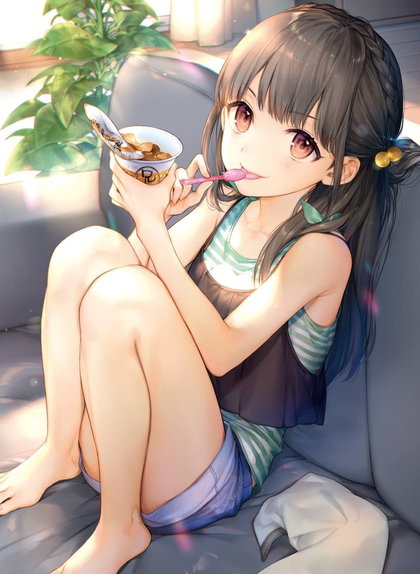 bangs bare_legs bare_shoulders barefoot black_hair blush braid brown_eyes closed_mouth couch cup denim denim_shorts eating eyebrows_visible_through_hair food hair_bobbles hair_ornament highres holding holding_spoon ice_cream indoors kaguyuzu long_hair looking_at_viewer on_couch original plant potted_plant shorts sitting smile solo spoon spoon_in_mouth striped tank_top toes tongue tongue_out vertical_stripes