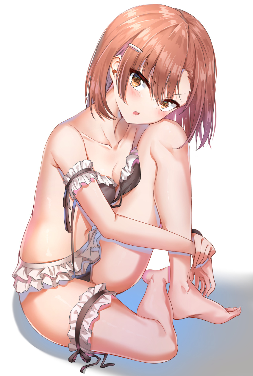 absurdres armband bangs bare_shoulders barefoot bikini bikini_skirt blush breasts cleavage eyebrows_visible_through_hair frilled_bikini frills hair_between_eyes hair_ornament hairclip head_rest highres knees_up leg_hug looking_at_viewer md5_mismatch misaka_mikoto open_mouth orange_eyes orange_hair short_hair simple_background sitting small_breasts solo sunhyun swimsuit thigh_strap to_aru_kagaku_no_railgun to_aru_majutsu_no_index undone white_background