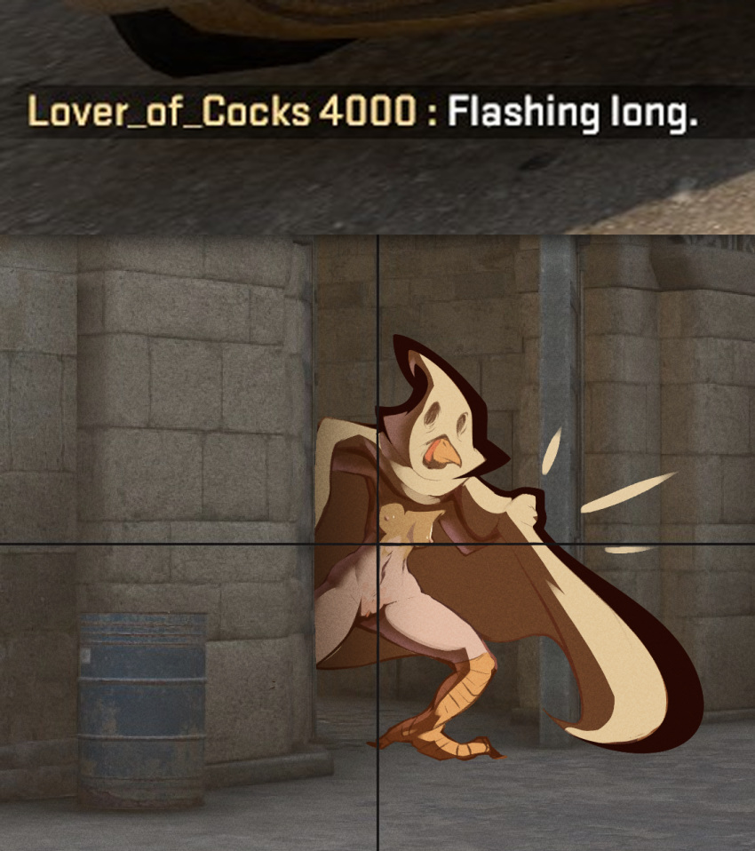 2018 anthro avian beak bird breasts chicken clothed clothing counter-strike counter-strike:_global_offensive crosshair digital_drawing_(artwork) digital_media_(artwork) exhibitionism feathers female flashing halloween holidays ineffective_clothing nipples pussy small_breasts solo tomol6 video_games
