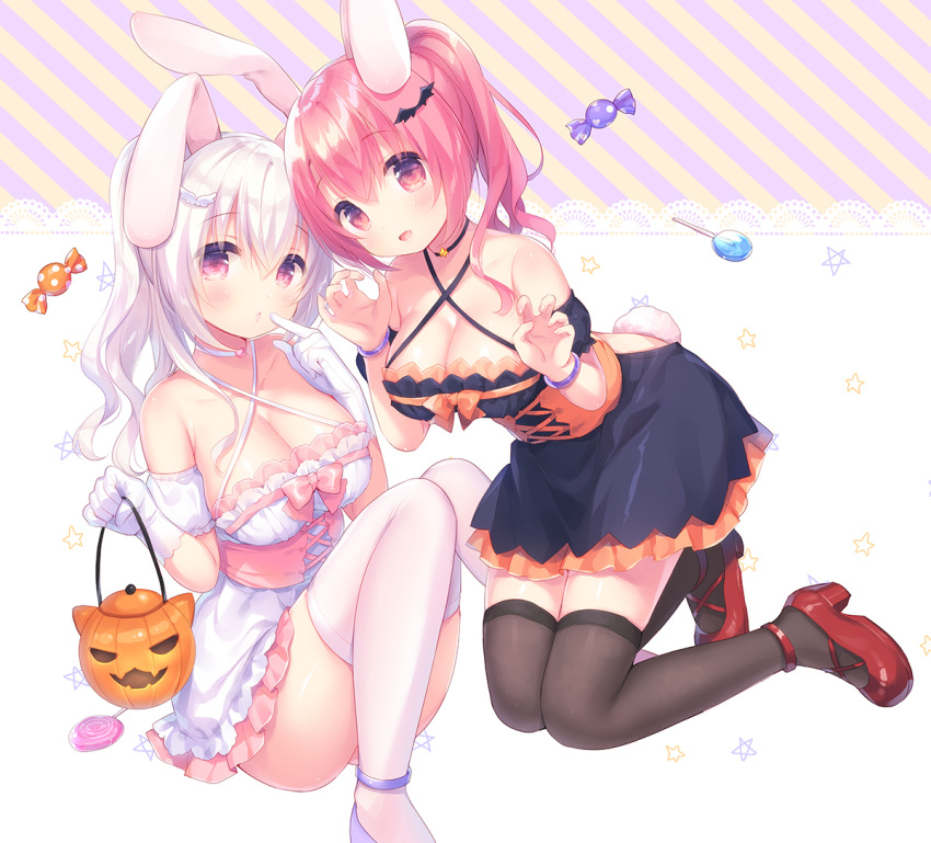 :d animal_ears bare_shoulders black_choker black_dress blush breasts brown_legwear bunny_ears bunny_tail candy candy_wrapper choker claw_pose cleavage closed_mouth commentary_request criss-cross_halter detached_sleeves diagonal_stripes dress fang feet_out_of_frame fingernails food gloves hair_ornament halloween halloween_basket halterneck hands_up head_tilt heart high_heels holding jack-o'-lantern kneeling large_breasts lollipop long_hair looking_at_viewer multiple_girls open_mouth original puffy_short_sleeves puffy_sleeves purple_footwear red_eyes red_footwear red_hair sakura_(usashiro_mani) shoes short_sleeves silver_hair sitting smile star striped swirl_lollipop tail thighhighs usashiro_mani white_choker white_dress white_gloves white_legwear wing_hair_ornament