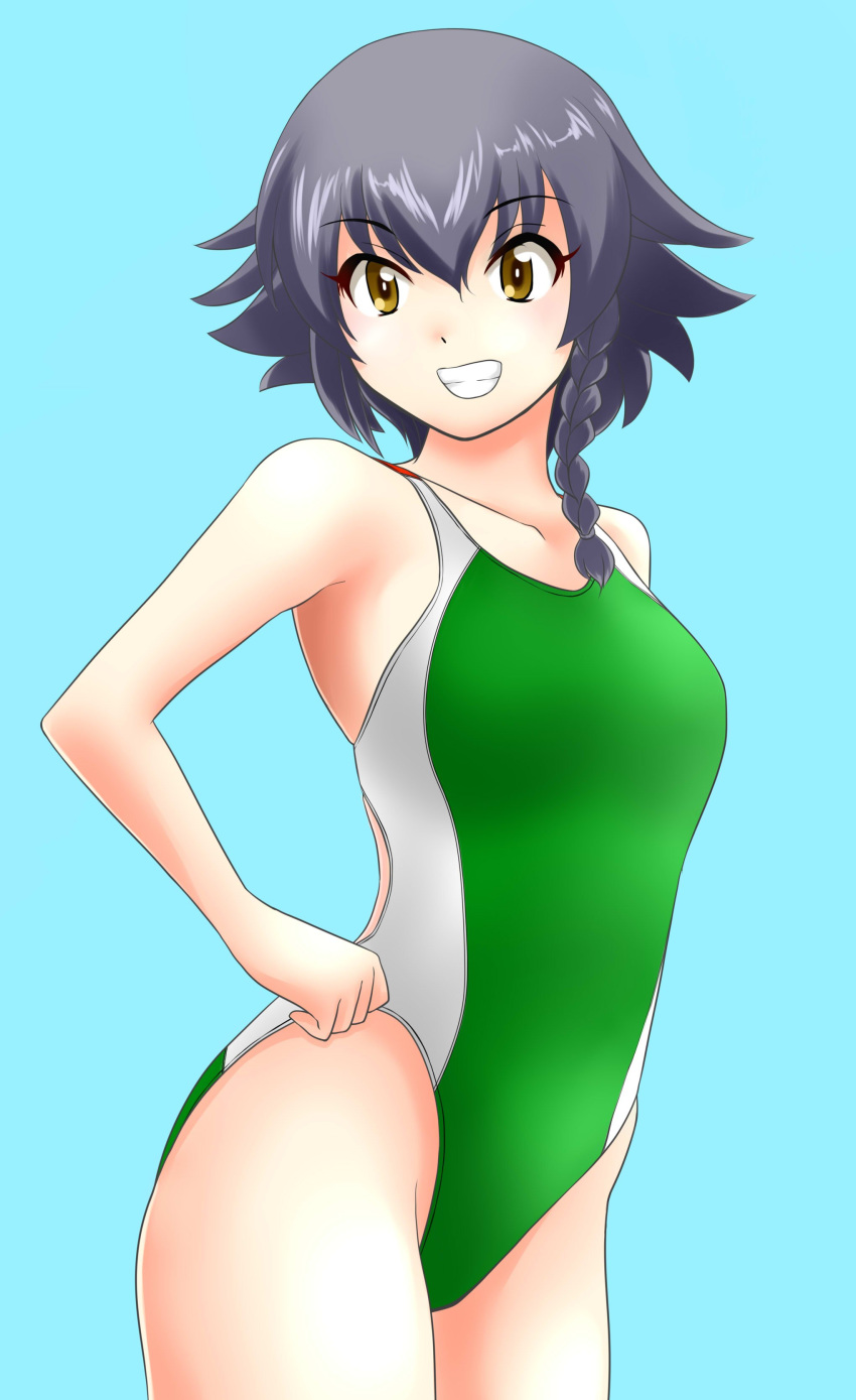 absurdres bangs black_hair blue_background braid brown_eyes collarbone commentary_request competition_swimsuit cowboy_shot flat_chest girls_und_panzer green_swimsuit grin highres looking_at_viewer nanao_futaba one-piece_swimsuit pepperoni_(girls_und_panzer) short_hair side_braid simple_background smile solo standing swimsuit