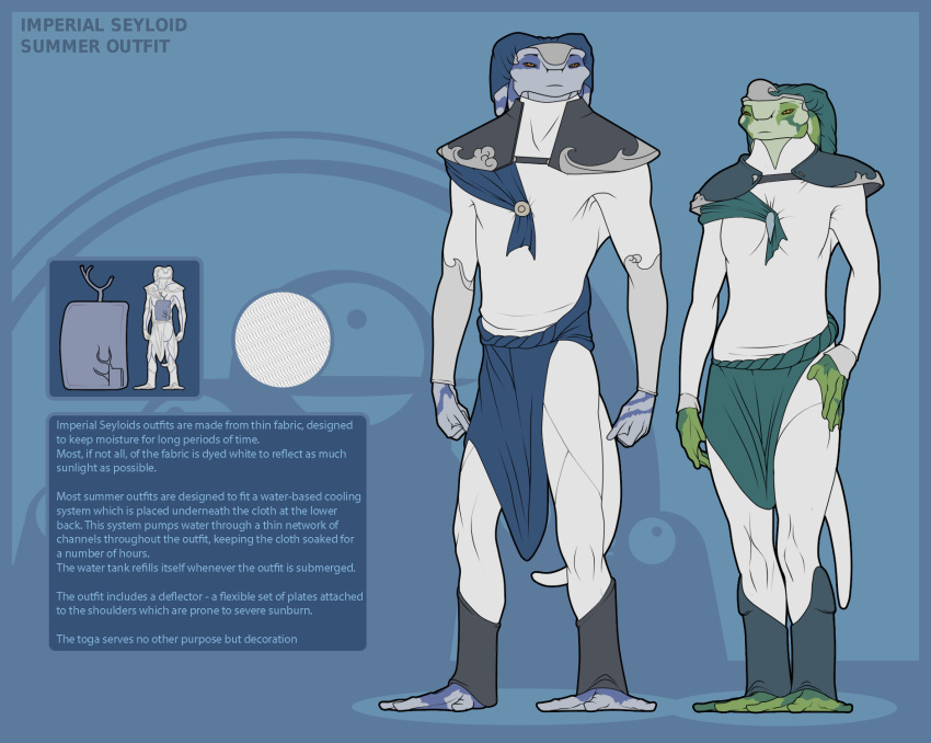 alien amphibian blue_skin clothed clothing costume female green_skin long_tail male petresko seyloid spots spotted_skin webbed_feet webbed_hands