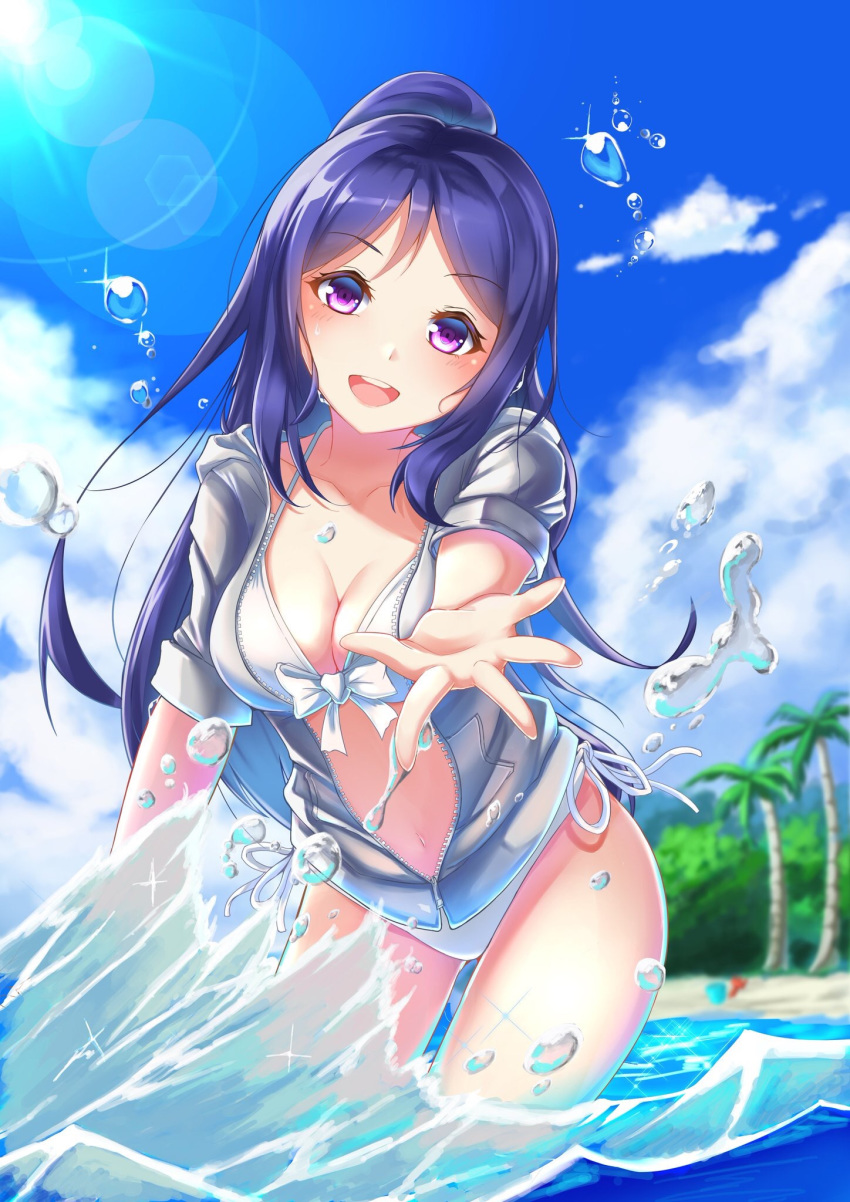 aogiri55817yasd bangs beach bikini blue_hair blush bow_bikini breasts cleavage cloud collarbone day eyebrows_visible_through_hair hair_between_eyes highres hood hoodie jacket jacket_over_swimsuit long_hair looking_at_viewer love_live! love_live!_sunshine!! matsuura_kanan medium_breasts open_clothes open_hoodie outdoors palm_tree ponytail purple_eyes reaching_out side-tie_bikini sky smile solo sunlight sweater swimsuit tree unzipped water water_drop waves white_bikini white_sweater