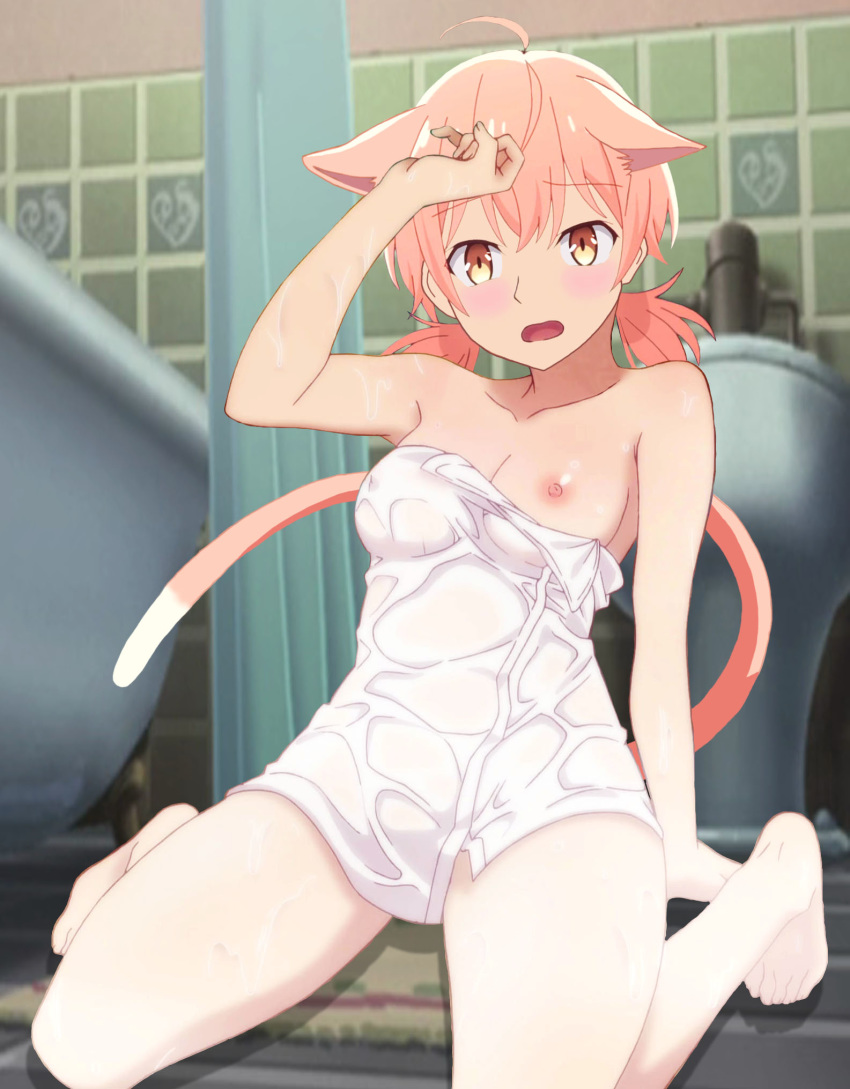 1girl ahoge animal_ears bathroom blush breasts cat_ears cat_tail cleavage hand_on_head kneeling koito_yuu looking_at_viewer medium_breasts nipple_slip nipples pig_tails pink_hair tail towel twintails wet_towel white_towel yagate_kimi_ni_naru yellow_eyes