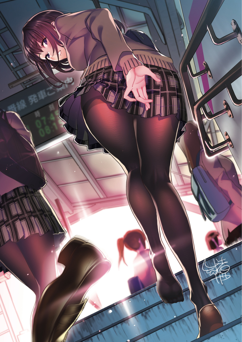 backpack bag bangs blush brown_hair brown_legwear covering covering_ass dutch_angle eyebrows_visible_through_hair faceless faceless_female from_behind from_below full_body highres loafers long_hair long_sleeves looking_at_viewer looking_back miniskirt multiple_girls musha_sabu original pantyhose parted_lips plaid plaid_skirt pleated_skirt purple_eyes scan school_bag school_uniform shoe_loss shoes short_hair signature single_shoe skirt solo_focus stairs sweater thighband_pantyhose train_station