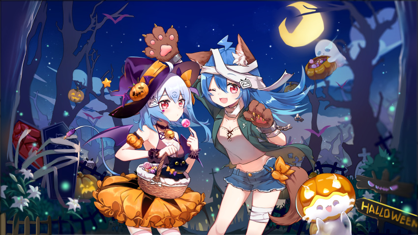 ;d absurdres ahoge animal animal_ear_fluff animal_ears arm_up bandaged_head bandaged_leg bandages bangs bare_shoulders bare_tree basket bat_wings bili_girl_22 bili_girl_33 bilibili_douga black_camisole black_cat blue_hair blue_shorts blush bow breasts camisole candy cat closed_mouth cloud coffin collarbone commentary_request crescent_moon detached_sleeves eyebrows_visible_through_hair facial_mark fang flot food frilled_skirt frills ghost gloves green_jacket hair_between_eyes hair_bow hair_ornament halloween halloween_basket hat highres holding holding_basket holding_food holding_lollipop jack-o'-lantern jacket leaning_forward lollipop long_hair midriff moon multiple_girls navel night night_sky one_eye_closed open_clothes open_jacket open_mouth orange_bow orange_skirt outdoors paw_gloves paws pleated_skirt puffy_short_sleeves puffy_sleeves purple_hat purple_wings red_eyes shirt short_shorts short_sleeves shorts sign skirt sky small_breasts smile standing star star_(sky) starry_sky swirl_lollipop tail tilted_headwear torn_clothes torn_jacket tree white_shirt wings witch_hat wolf_ears wolf_girl wolf_tail wrist_cuffs