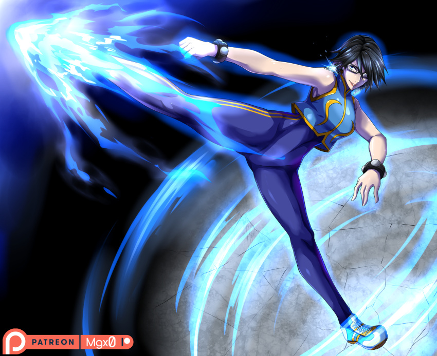 1girl arm_support bayonetta bayonetta_(character) bayonetta_2 black_hair blue_bodysuit blue_eyes bodysuit capcom chun-li chun-li_(cosplay) commentary_request cosplay earrings fighting_stance flashing glasses jewelry kicking mgx0 paid_reward patreon_logo patreon_reward patreon_username pixiv shoes short_hair sleeveless smile sneakers solo street_fighter street_fighter_zero_(series) thighs vest