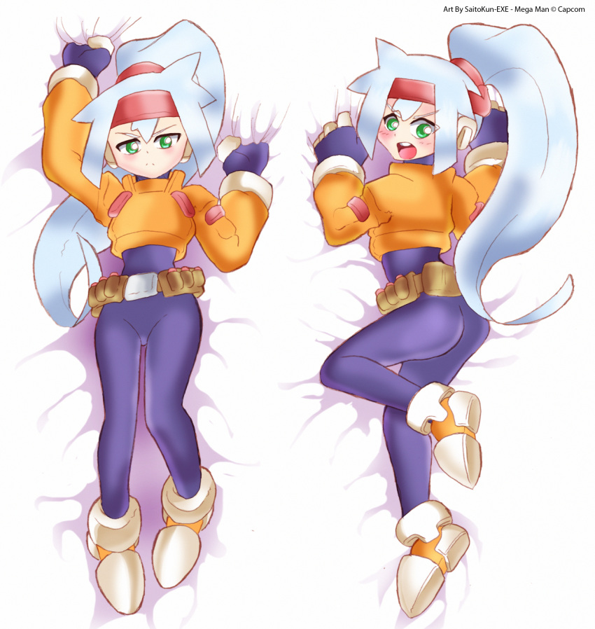 absurdres artist_name ashe_(rockman) ass bed_sheet belt belt_buckle big_hair blush bodysuit breasts brown_belt buckle closed_mouth commentary_request copyright_name dakimakura fingerless_gloves full_body gloves green_eyes hair_between_eyes headband high_ponytail highres large_shoes light_blue_hair long_hair looking_at_viewer loose_belt medium_breasts multiple_views open_mouth red_headband rockman rockman_zx rockman_zx_advent sheet_grab shoe_soles shoes shoutaro_saito spandex teeth v-shaped_eyebrows very_long_hair watermark white_pupils