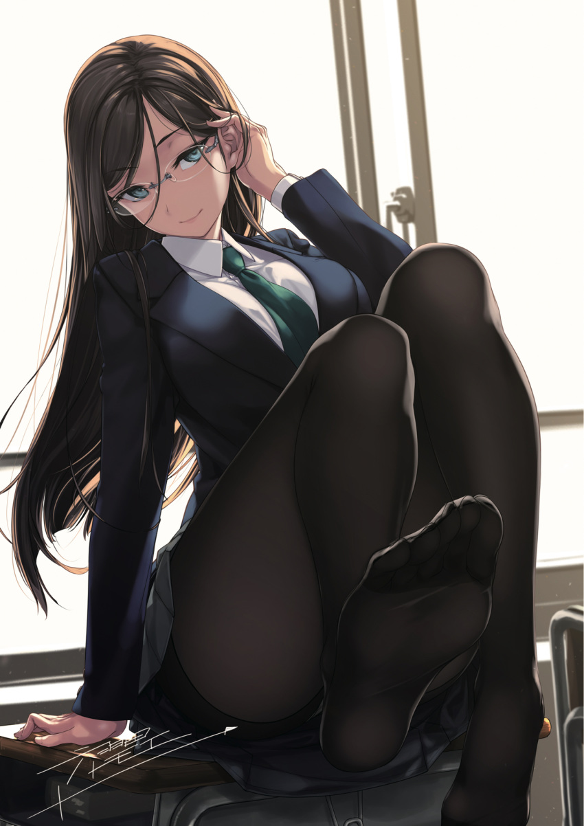 arm_at_side arm_support artist_name backlighting black_hair black_legwear blazer blue_eyes breasts desk dutch_angle eyebrows_visible_through_hair feet glasses hair_tucking head_tilt highres indoors jacket large_breasts long_hair looking_at_viewer necktie no_shoes original pantyhose rimless_eyewear rokuwata_tomoe school_desk school_uniform signature sitting smile solo