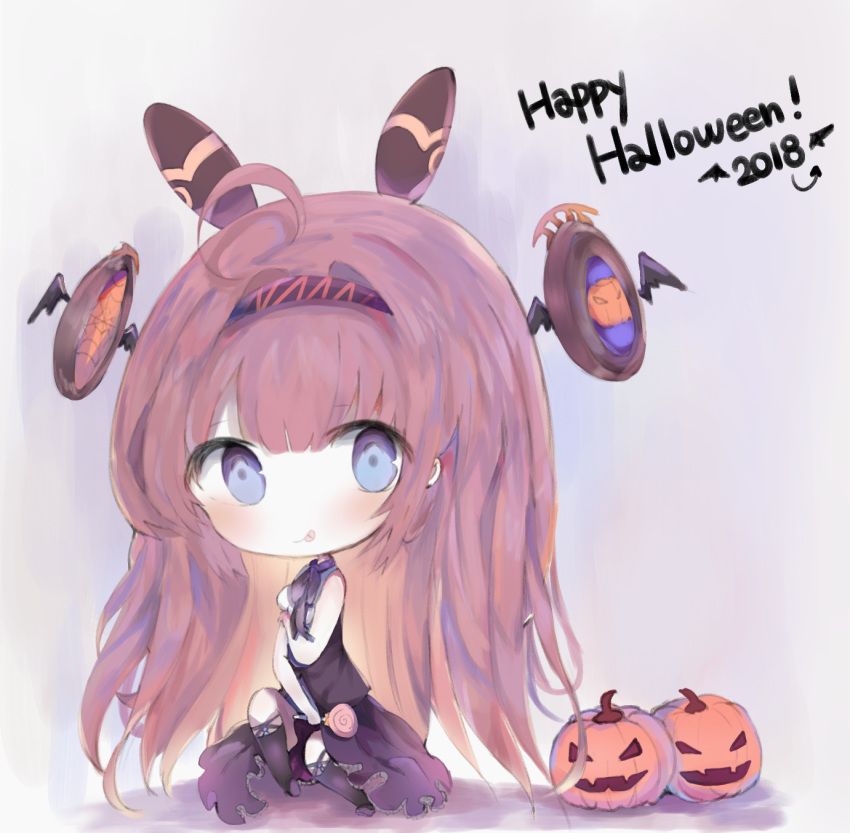 2018 :p ahoge bangs bare_arms bare_shoulders big_head black_legwear black_vest black_wings blue_eyes blush bow candy chibi closed_mouth commentary cottontailtokki eyebrows_visible_through_hair food hair_between_eyes halloween happy_halloween highres holding holding_food holding_lollipop jack-o'-lantern lishenna_omen_of_destruction lollipop long_hair purple_bow purple_footwear purple_skirt red_hair shadowverse shirt shoes skirt sleeveless sleeveless_shirt smile solo swirl_lollipop thighhighs tongue tongue_out very_long_hair vest white_shirt wings