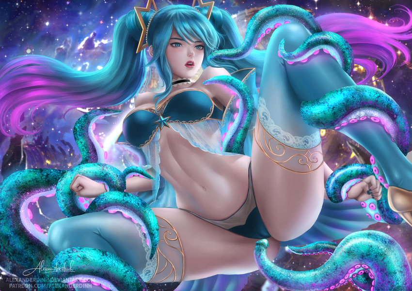 1girl alexanderdinh aqua_eyes aqua_hair bangs bare_shoulders bikini blue_bikini blue_eyes blue_legwear breasts cameltoe choker detached_sleeves gradient_hair hair_ornament high_heels large_breasts league_of_legends lips long_hair looking_to_the_side multicolored_hair nail_polish navel parted_lips red_lips restrained see-through solo sona_buvelle space spread_legs strapless swimsuit tentacle thighhighs twintails very_long_hair