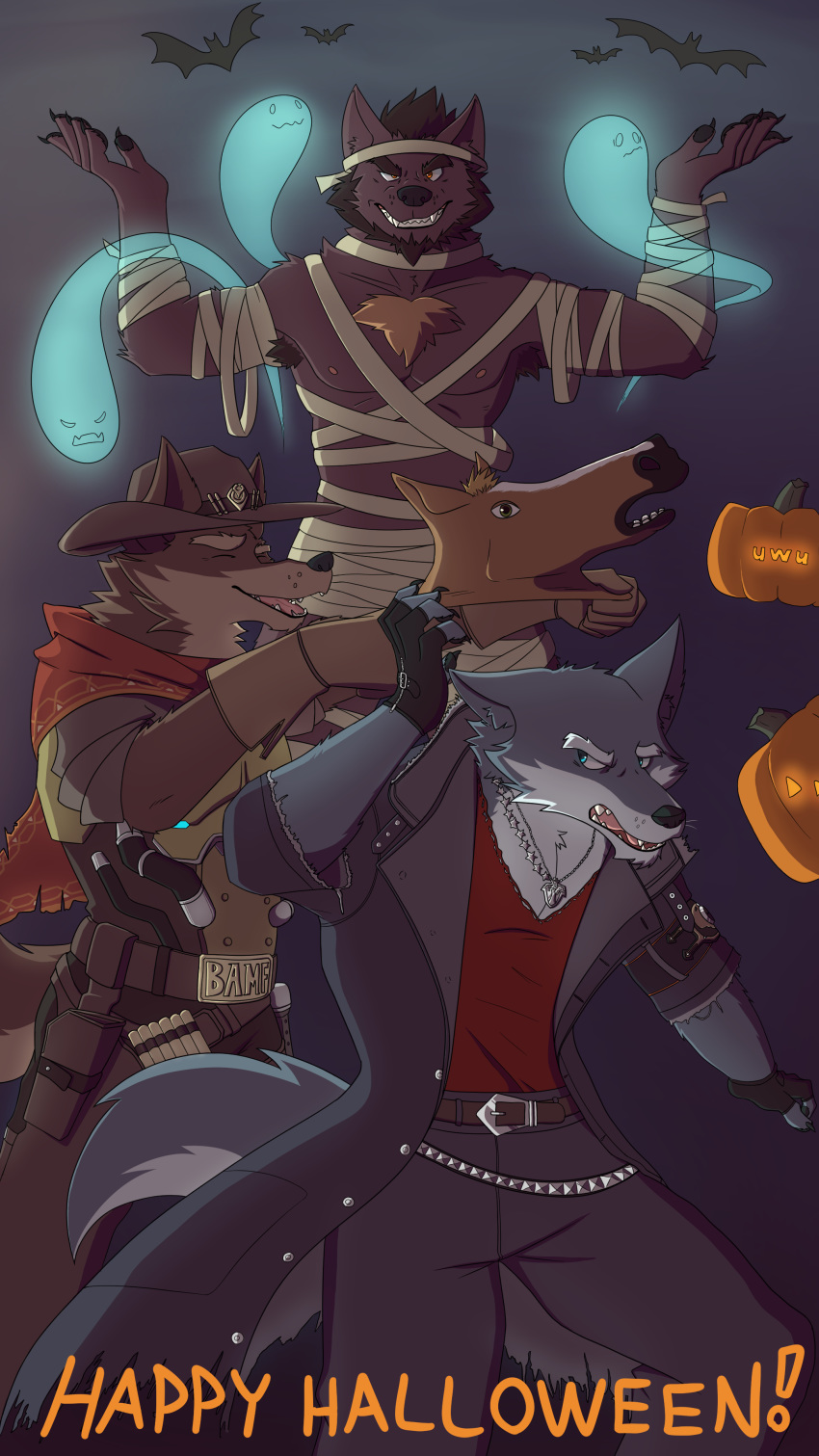 absurd_res angry anthro armpit_hair bandage bat belt black_nose blue_eyes brown_fur brown_hair canine chest_tuft clothed clothing cosplay costume cowboy cowboy_hat eyebrows facial_hair final_fantasy_xiii-2 food fruit fur ghost gloves grey_fur hair halloween hat hi_res holidays horse_mask jack-o'-lantern jacket jewelry looking_at_viewer male mammal multicolored_fur mummy necklace night nipples orange_eyes overwatch pumpkin smile spirit standing teeth tuft undead unpopularwolf uwu video_games whiskers wolf