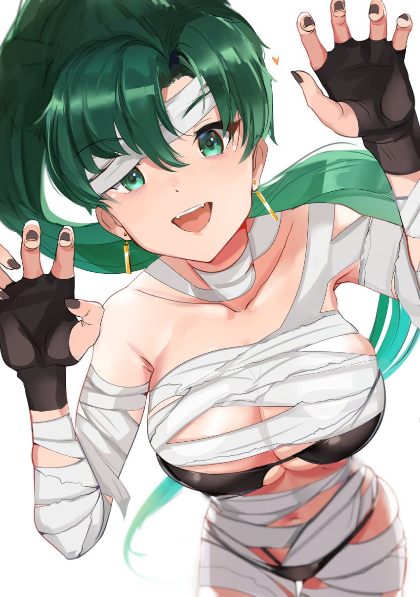 absurdres bandages bangs bikini black_bikini breasts claw_pose collarbone commentary_request eyebrows_visible_through_hair fangs fingerless_gloves fingernails fire_emblem fire_emblem:_rekka_no_ken fire_emblem_heroes gloves green_eyes green_hair halloween_costume highres large_breasts lips long_hair looking_at_viewer lyndis_(fire_emblem) mummy mummy_costume nail_polish navel open_mouth ormille ponytail simple_background smile solo swimsuit white_background