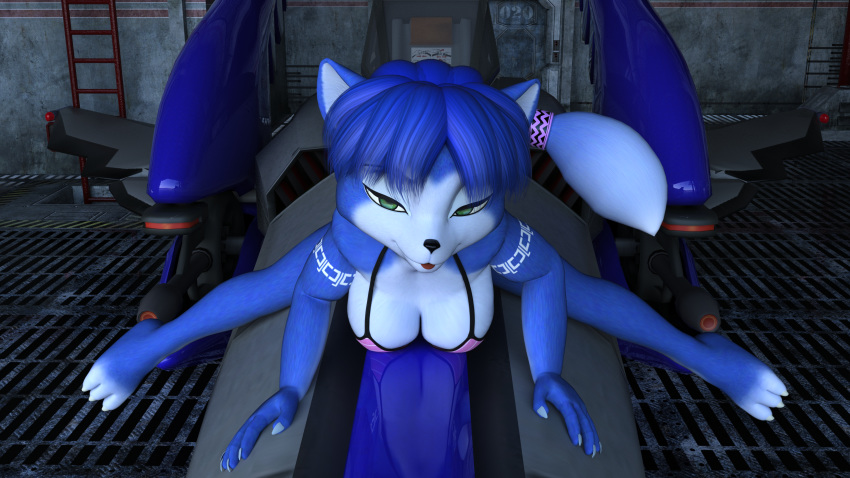 2018 3d_(artwork) 5_fingers anthro bikini bikini_top black_nose blue_fur blue_hair breasts canine cleavage clothed clothing daz3d digital_media_(artwork) female fox fur green_eyes hair half-closed_eyes hi_res invalid_tag krystal looking_at_viewer mammal nintendo smile solo spread_legs spreading star_fox straddling swimsuit tongue torqueemup video_games