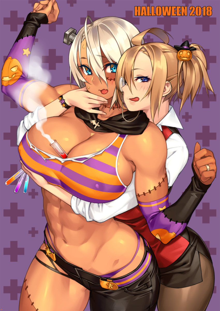 23_(real_xxiii) 2girls :p abs ahoge ahoge_girl_(23) asymmetrical_clothes bare_shoulders belt between_breasts blonde_hair blue_eyes blush breasts cleavage commentary crop_top dark-skinned_girl_(23) dark_skin detached_sleeves eyebrows_visible_through_hair flask halloween_costume hand_on_another's_chin highres hug hug_from_behind jewelry large_breasts looking_at_viewer monocle multiple_girls navel open_mouth original ponytail purple_eyes ring short_hair simple_background single_pantsleg smoke stitches stomach tank_top toned tongue tongue_out wedding_band white_hair wristband