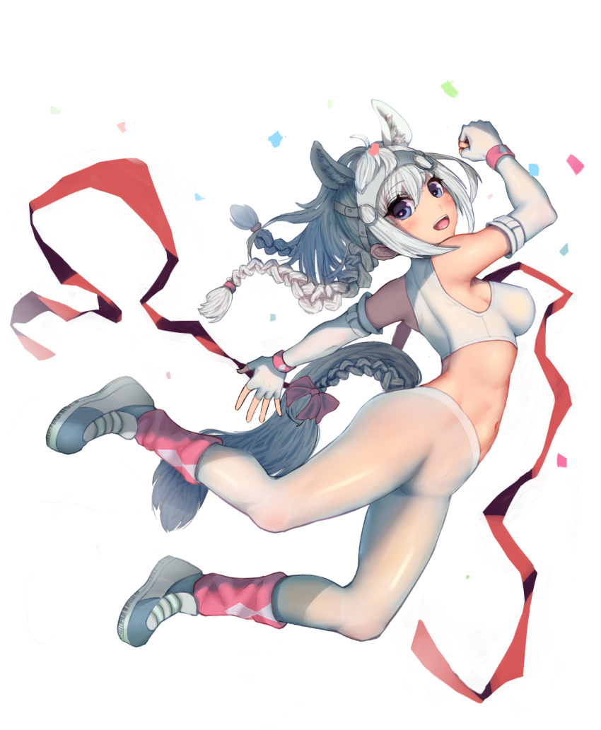 animal_ears bare_shoulders blue_eyes braided_tail breasts confetti crotch_seam elbow_gloves fingerless_gloves gloves highres horse_ears horse_tail kemono_friends long_hair looking_at_viewer midriff navel pantyhose pochif shoes silver_hair simple_background smile sneakers solo tail thighs white_background white_gloves white_legwear white_thoroughbred_(kemono_friends)