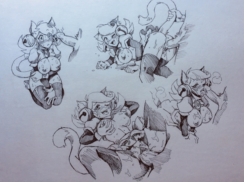 1girl animal_ears areolae bell bottomless breasts cat_ears cum jingle_bell large_breasts mad_mew_mew magical_girl monochrome nipples sequential sex tail thighhighs twistedterra undertale