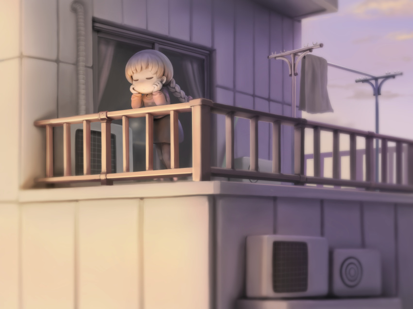 air_conditioner braid brown_hair building closed_eyes closed_mouth clothesline cloud hands_on_own_cheeks hands_on_own_face highres leaning_forward long_hair madotsuki nekoita outdoors railing shirt skirt sky sliding_doors solo standing sunset yume_nikki