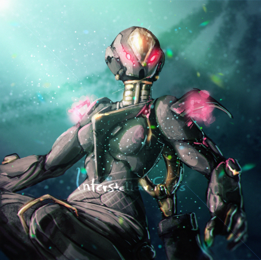 armor bodysuit breasts glowing glowing_eyes helmet highres interstellarfarts nova_(warframe) sign signature small_breasts solo space warframe watermark