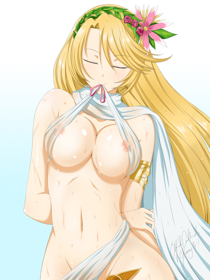 alfred_cullado armlet arms_behind_back bangs bestie blonde_hair blue_background brave_frontier breasts cleavage closed_eyes covered_nipples floating_hair flower gradient gradient_background groin hair_flower hair_ornament head_wreath highres large_breasts long_hair mouth_hold navel nipples parted_bangs pink_flower pink_ribbon pink_rose ribbon rose sash see-through shiny shiny_hair signature solo sweat very_long_hair