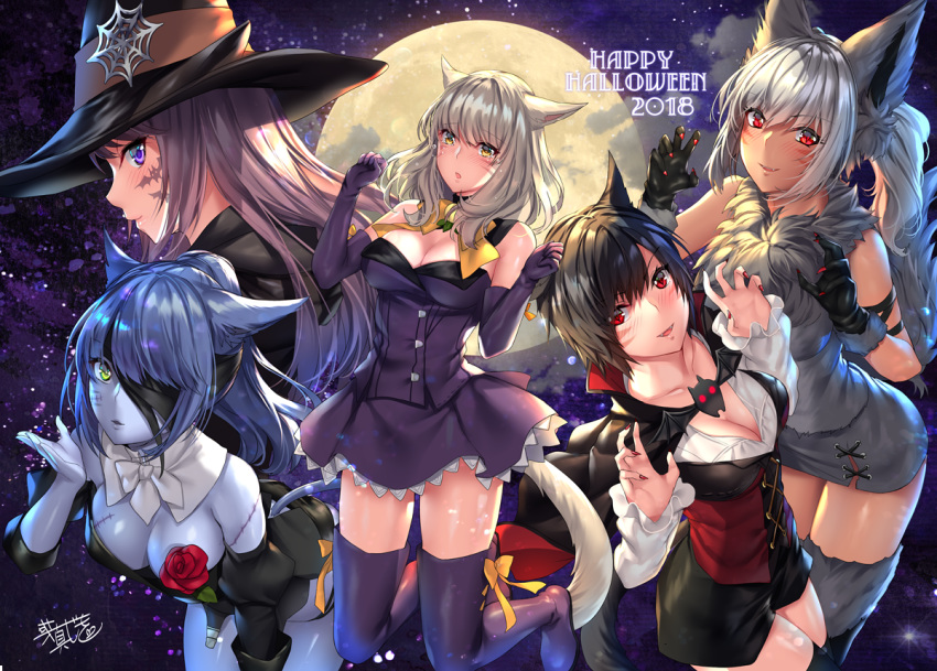 5girls :o animal_ears aruma_jiki bandage_over_one_eye bat_ornament black_gloves black_hair black_legwear black_panties blonde_hair blown_kiss blue_hair blue_skin blush boots bow breasts cape cat_ears cat_tail claw_pose claws cleavage corset detached_collar detached_sleeves dress elbow_gloves eyebrows_visible_through_hair facial_mark fangs final_fantasy final_fantasy_xiv flower full_moon fur_trim gloves green_eyes halloween halloween_costume happy_halloween hat large_breasts leaning_forward looking_at_viewer miqo'te moon multiple_girls panties pencil_skirt ponytail purple_dress purple_eyes purple_gloves purple_hair purple_legwear red_eyes rose short_hair signature silver_hair skirt sky sleeveless slit_pupils star_(sky) starry_sky stitches strapless strapless_dress tail thigh_boots thighhighs underwear whisker_markings witch_hat wolf_ears wolf_tail yellow_eyes