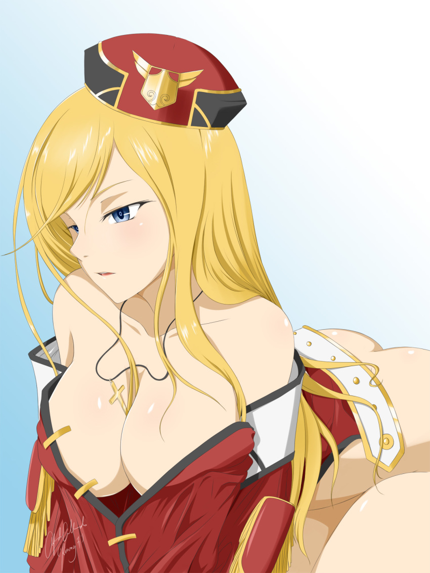 alfred_cullado all_fours ass bangs bestie blonde_hair blue_eyes bottomless brave_frontier breasts cleavage collarbone cross cross_necklace gradient gradient_background hat head_tilt highres jewelry large_breasts long_hair necklace parted_bangs parted_lips red_hat shiny shiny_hair signature solo