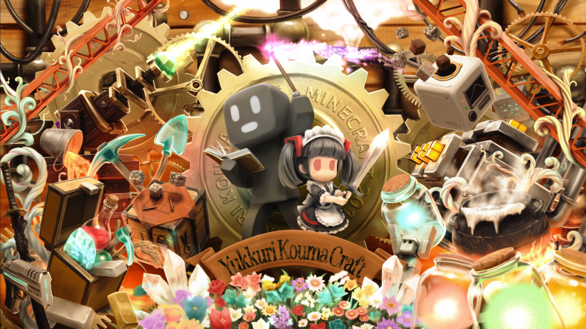 apron arm_up black_dress black_hair blush book bottle bucket cauldron chibi closed_mouth commentary_request copyright_name crate crystal dress english flower frilled_apron frills gears gem gold_bar gun highres holding holding_sword holding_weapon katana maid maid_headdress minecraft nekoita open_book pickaxe red_eyes romaji round-bottom_flask sheath sheathed shovel solid_oval_eyes standing steam sword twintails wand weapon white_apron