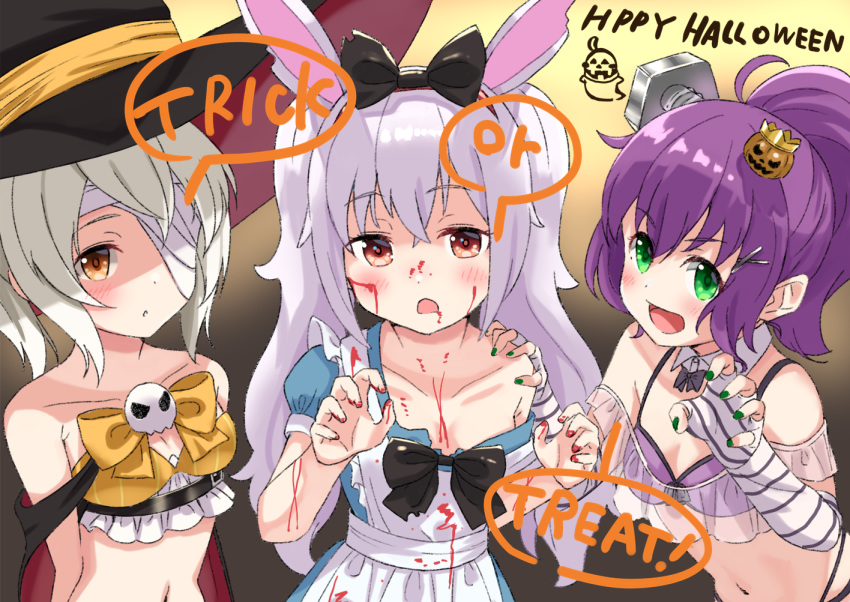 :d alice_(wonderland) alice_(wonderland)_(cosplay) alice_in_wonderland animal_ears apron ayanami_(azur_lane) azur_lane bandage_over_one_eye bangs bare_shoulders belt belt_buckle beltbra black_belt black_bow black_cat blood blood_on_face bloody_clothes blue_dress blush bolt bow breasts brown_eyes buckle bunny_ears cape cat claw_pose collarbone commentary_request cosplay dress eyebrows_visible_through_hair fingerless_gloves fingernails gloves green_nails hair_between_eyes hair_bow hairband halloween hands_up happy_halloween hat jack-o'-lantern javelin_(azur_lane) laffey_(azur_lane) long_hair looking_at_viewer mini_hat multicolored multicolored_cape multicolored_clothes multiple_girls nail_polish navel off_shoulder open_mouth ponytail puffy_short_sleeves puffy_sleeves purple_hair red_cape red_hairband red_nails short_sleeves silver_hair small_breasts smile strap_slip striped striped_gloves trick_or_treat tsukiman twintails very_long_hair white_apron white_gloves yellow_bow