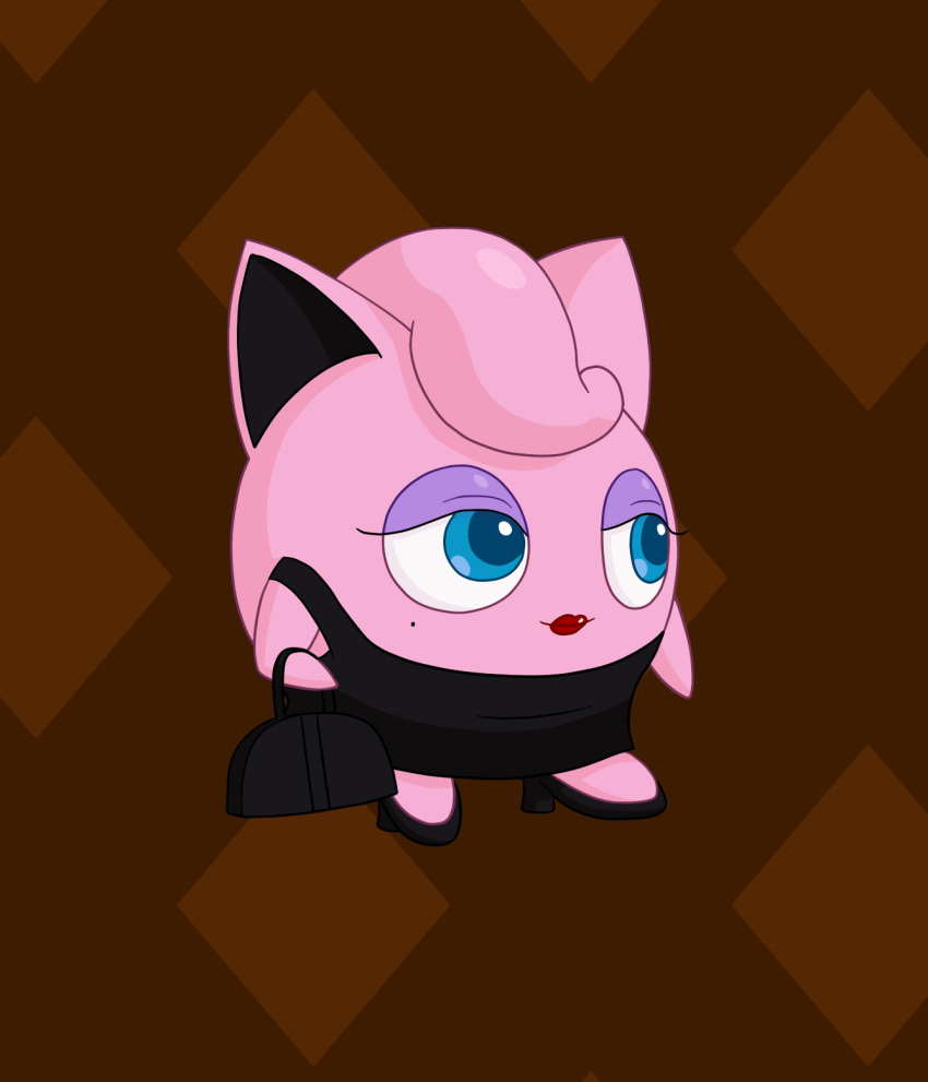 39coit beauty_mark blue_eyes classy clothing digital_media_(artwork) dress eyelashes female footwear half-closed_eyes holding_object jigglypuff lipstick makeup mascara nintendo pok&eacute;mon pok&eacute;mon_(species) purse shoes simple_background smile solo video_games waddling_head